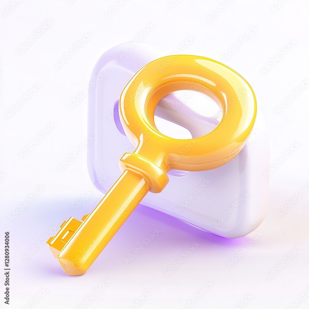Poster a glossy yellow key placed on a smooth white surface, reflecting light elegantly in a 3d render.