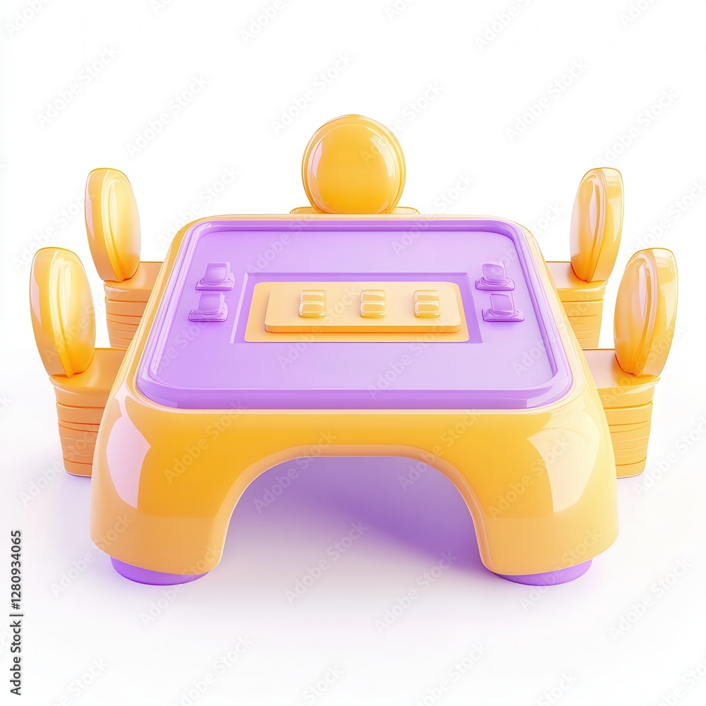 Poster A colorful 3D table with chairs designed in a playful style, featuring a square tabletop and rounded edges.