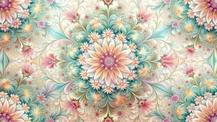 Intricate Floral Pattern with Fractal Background in Soft Pastel Colors , botanical print, geometric pattern