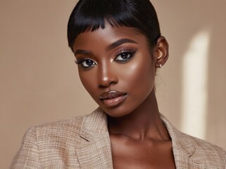 Professional black woman standing in studio, wearing light brown jacket, displaying confident demeanor with refined makeup and chic short hairstyle
