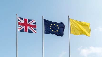 Obraz premium Flags of United Kingdom, European Union, and Yellow waving in blue sky. Possible use for articles about international relations, diplomacy or politics