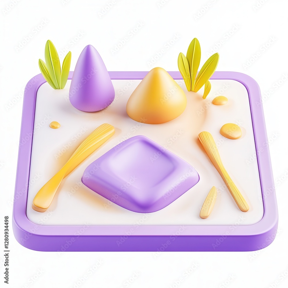 Poster a colorful 3d rendering of a sandbox scene with geometric shapes and tools, surrounded by playful el