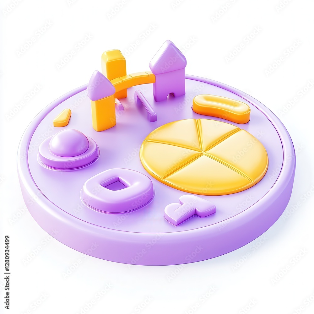 Poster colorful 3d render of playful geometric shapes including a castle, bridge, and various objects on a 
