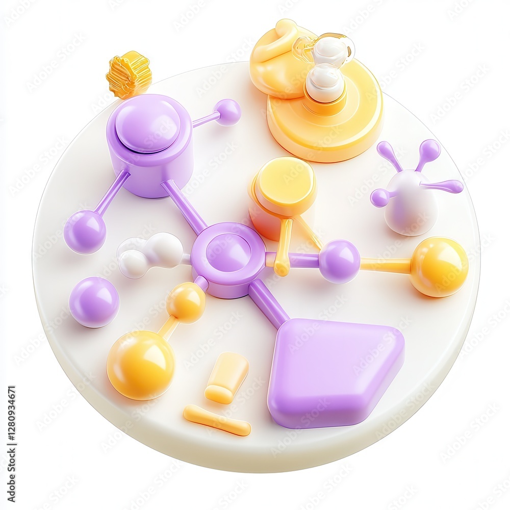 Poster a colorful 3d arrangement of abstract shapes and objects on a white circular base, featuring purple,