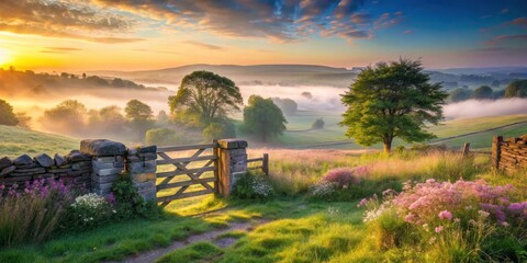 Misty dawn over rolling hills with old stone gate, trees and wildflowers , nature © chokdeelaw