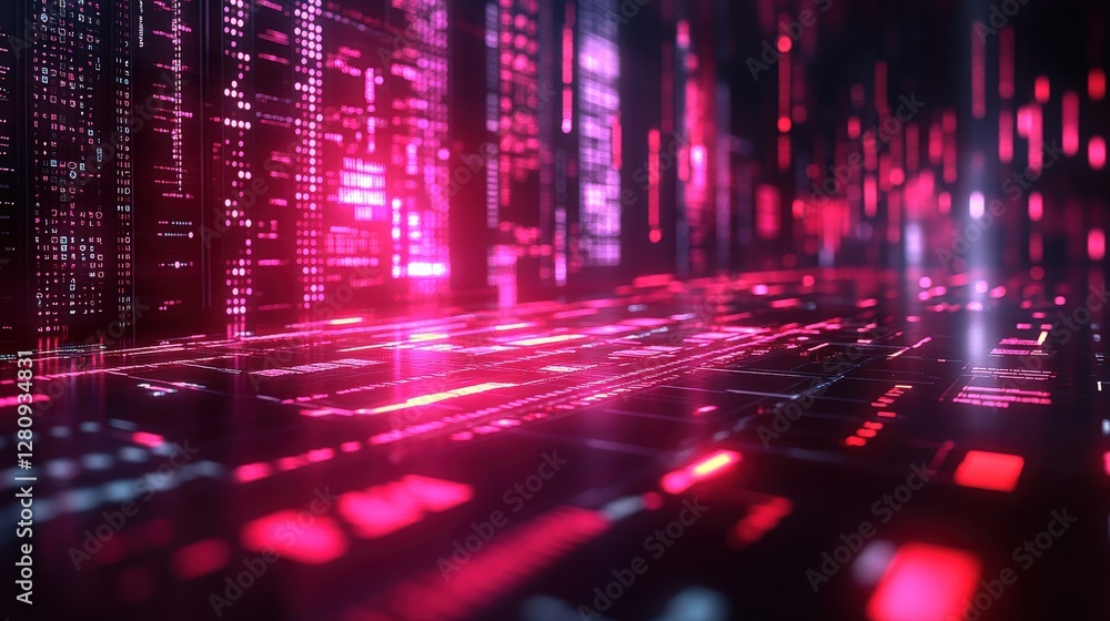 Poster futuristic digital landscape with glowing data streams and vibrant neon lights in a tech environment