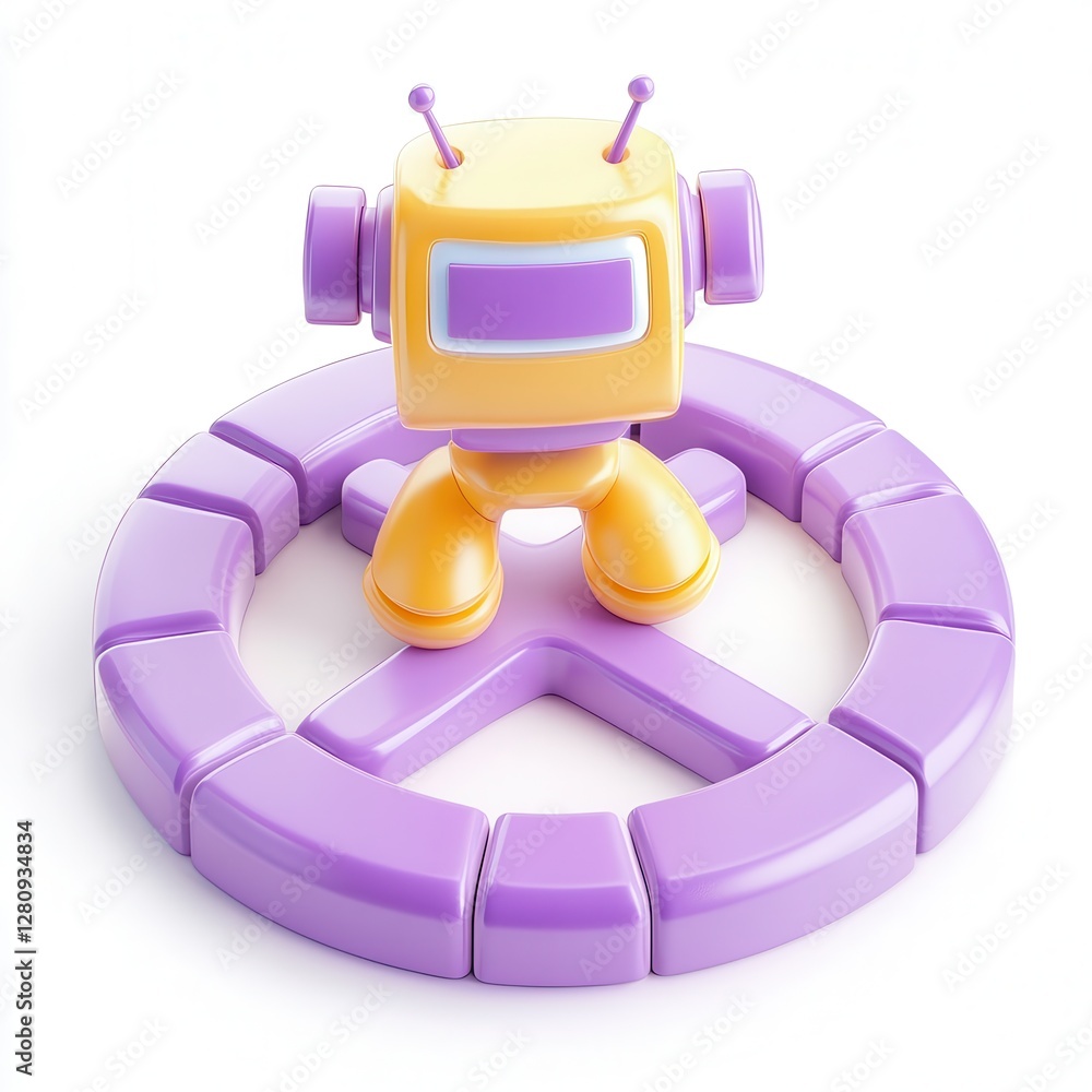 Poster a colorful 3d robot character stands on a purple circular base adorned with blocks, showcasing a pla
