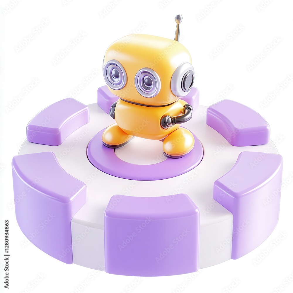 Poster a cheerful yellow robot character standing on a circular platform with purple accents, designed in a