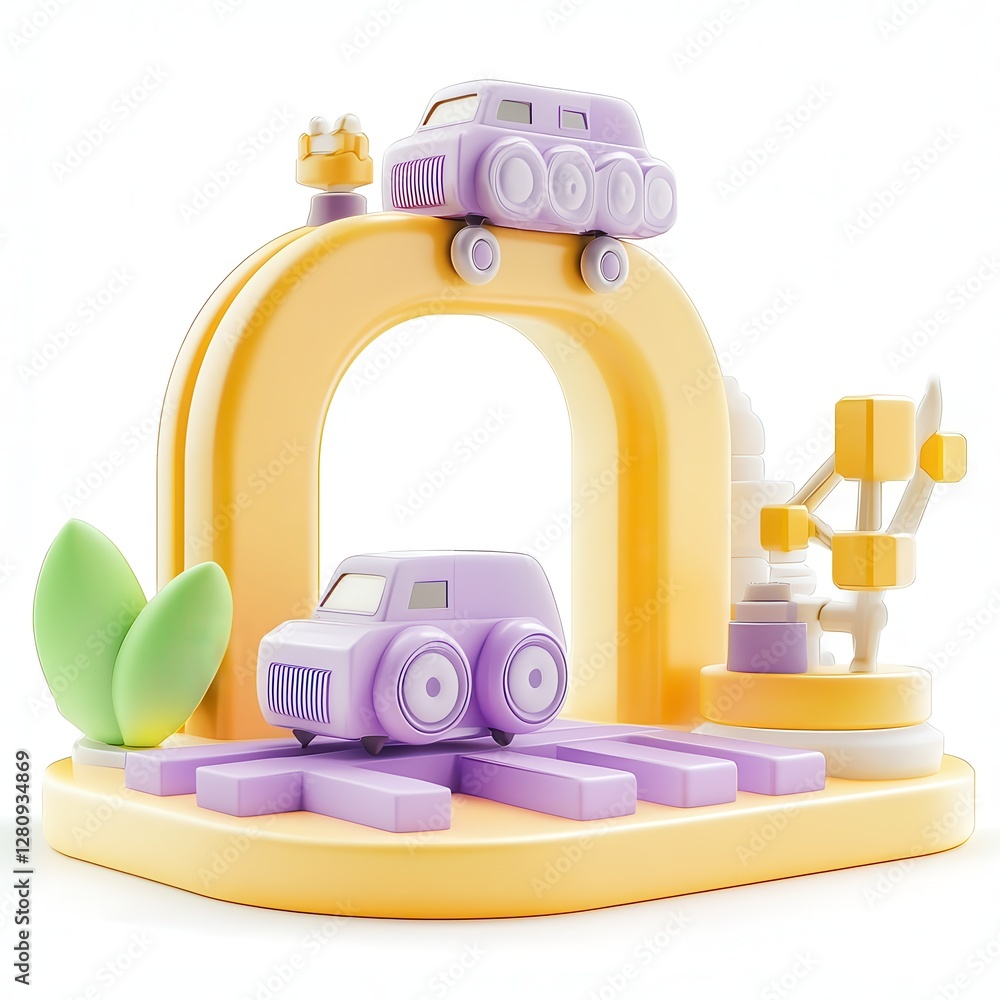 Poster a 3d rendering of a colorful toy scene featuring two stylized cars, a playful arch, and abstract sha