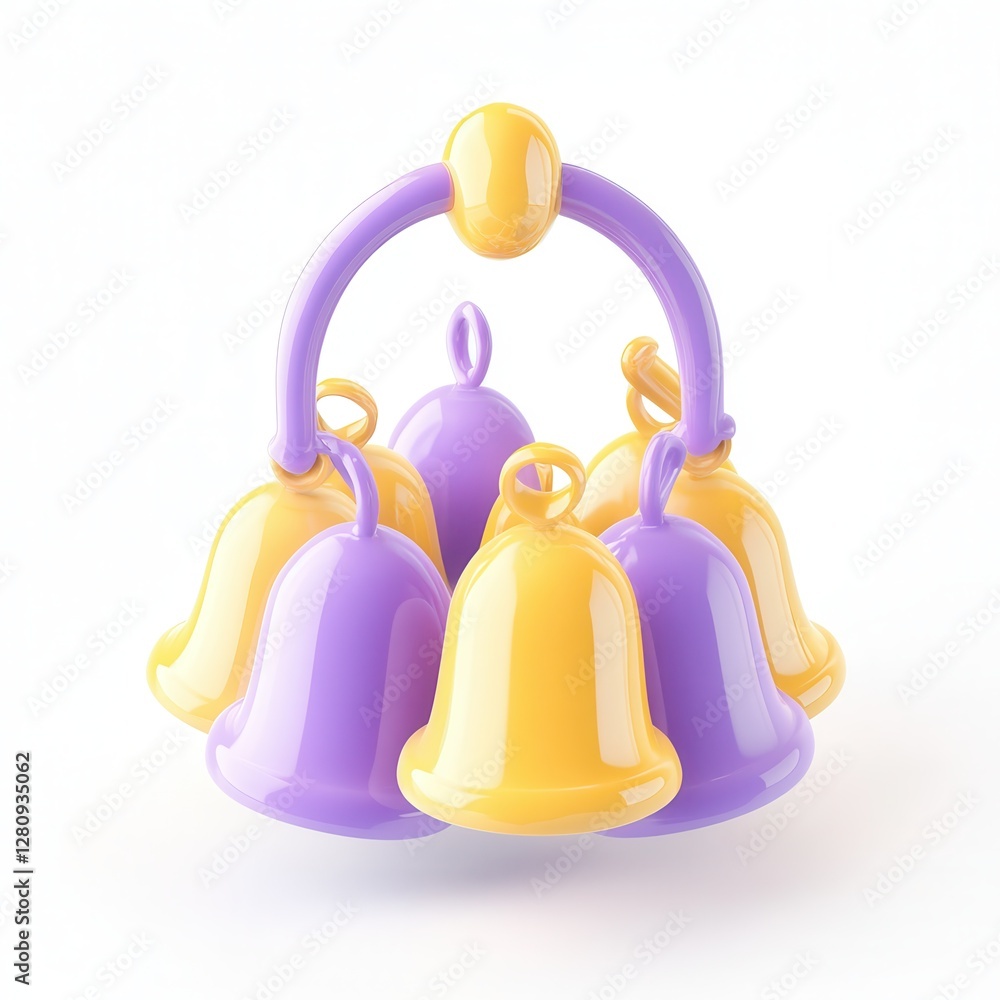 Poster a colorful 3d rendering of a toy with purple and yellow bells arranged in a circular pattern.