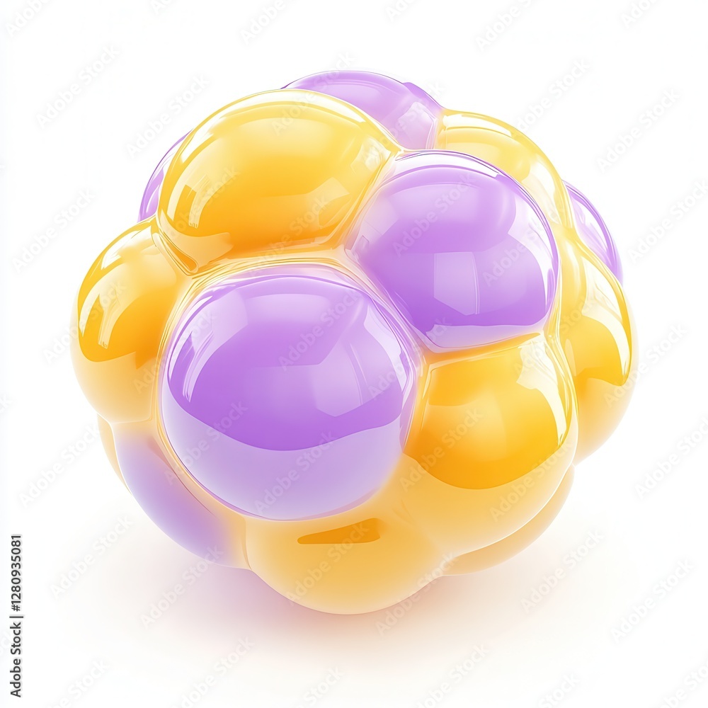 Poster a colorful, glossy abstract shape with rounded bubbles in yellow and purple tones, creating a playfu