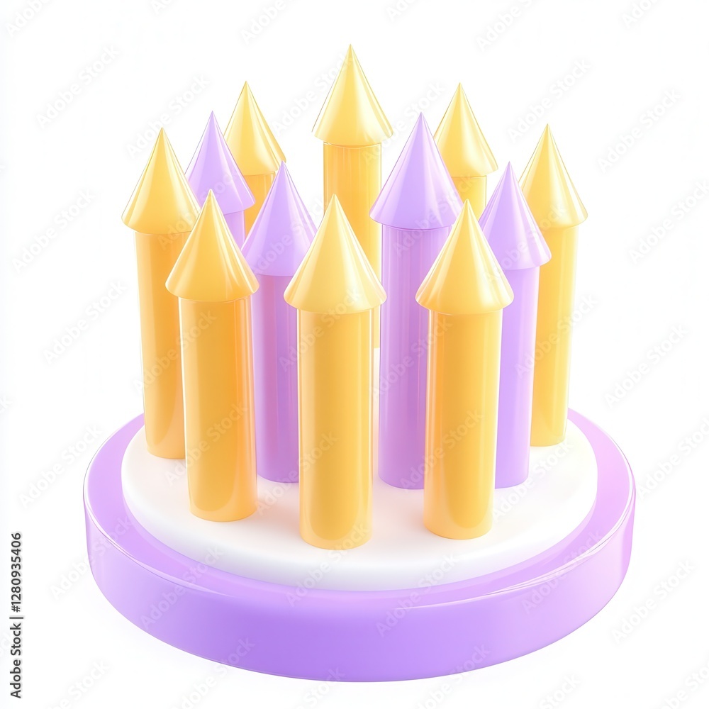 Poster a colorful arrangement of conical shapes in purple and yellow stacked on a round base, creating a pl