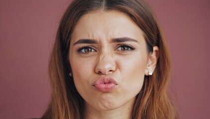 Fototapeta premium Close up portrait of young Hispanic woman making silly expressionpuckered lips, wrinkled nose, raised eyebrows against pink background, conveying playful skepticism