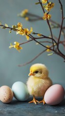 Yellow chick stands among pastel Easter eggs against a spring-themed background with blooming branches. This image is perfect for Easter greeting cards, advertisements, celebrations, social media