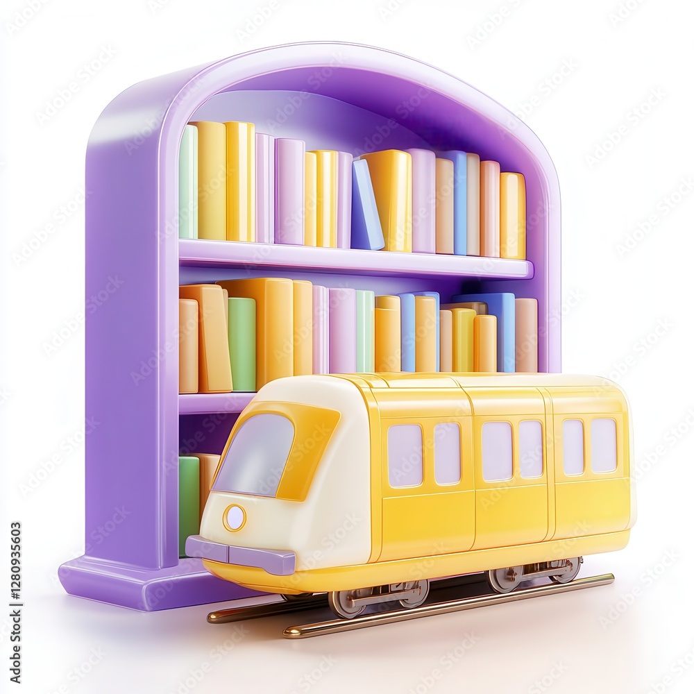 Poster a playful 3d render of a colorful train model next to a vibrant bookshelf filled with books.
