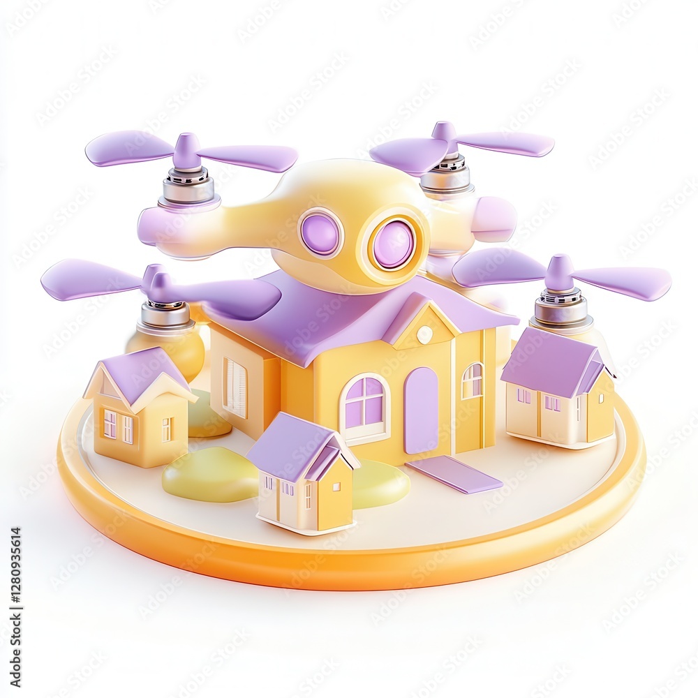 Poster a colorful 3d model of a house surrounded by smaller houses and a unique, stylized drone on a circul