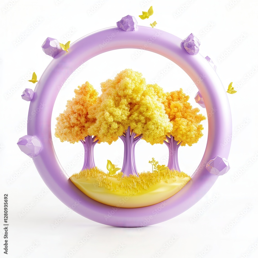 Poster a vibrant 3d render of trees with colorful foliage inside a circular frame, displaying a whimsical a