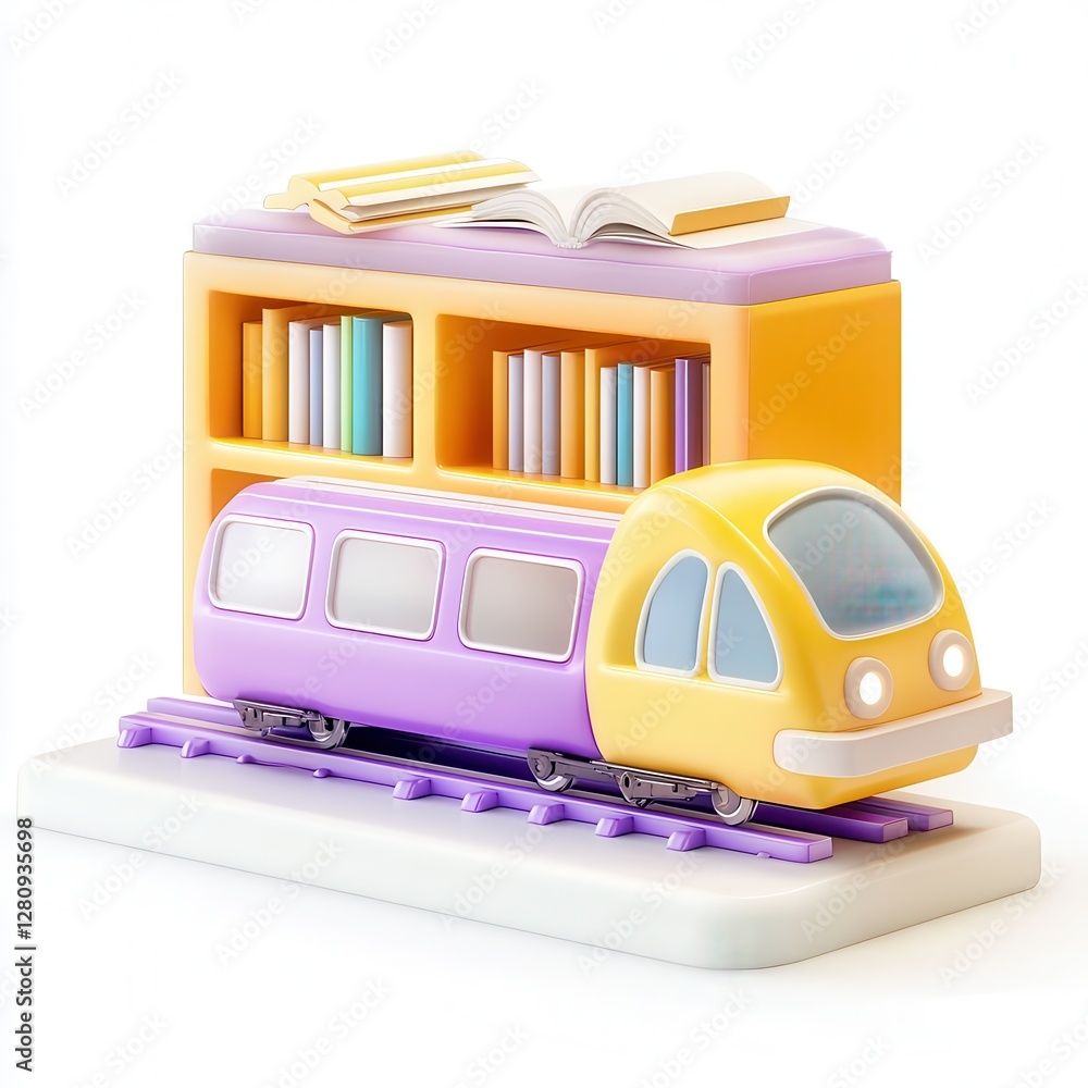 Poster a colorful 3d model depicting a whimsical train on a track with a bookshelf and an open book on top.