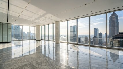 Expansive modern office interior with panoramic city skyline view through floor to ceiling windows offering a bright open and minimalist workspace design in a high rise corporate building