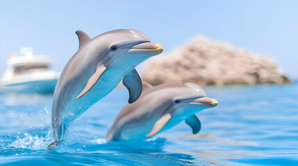 Dolphins leaping ocean yacht background marine wildlife