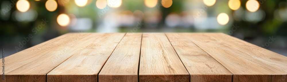 Poster Rustic Wooden Table Surface with Blurred Background of Soft Lights Creating a Warm Atmosphere