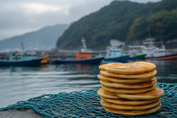 Fototapeta premium A stack of dorayaki placed on a net-draped surface at the harbor, with colorful fishing boats moored nearby. 