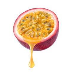 Passion fruit juice dripping from half fruit isolate on white.