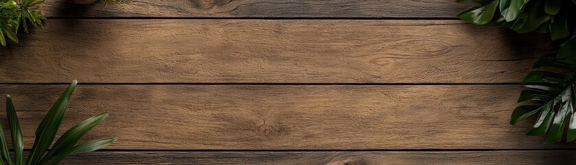 Rustic Wooden Background with Tropical Greenery for Nature-Themed Projects and Designs