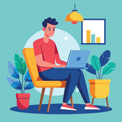 a boy is using his laptop vector