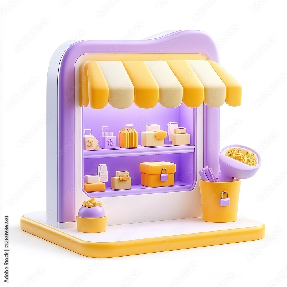 Poster a colorful 3d shop display with various items in purple and yellow, showcasing a modern design and p
