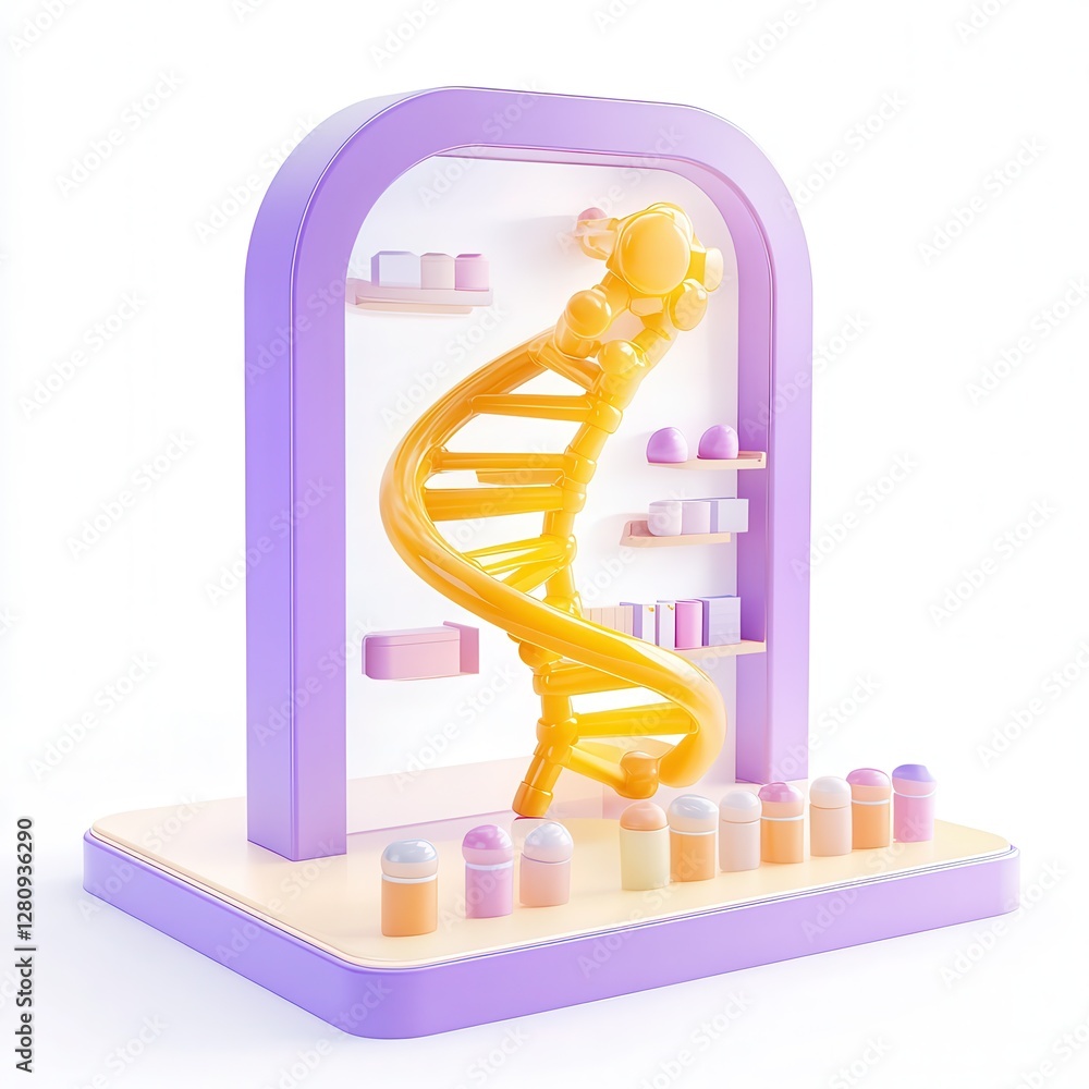 Poster a colorful 3d model depicting a dna structure displayed in a modern showcase with pastel shelves and