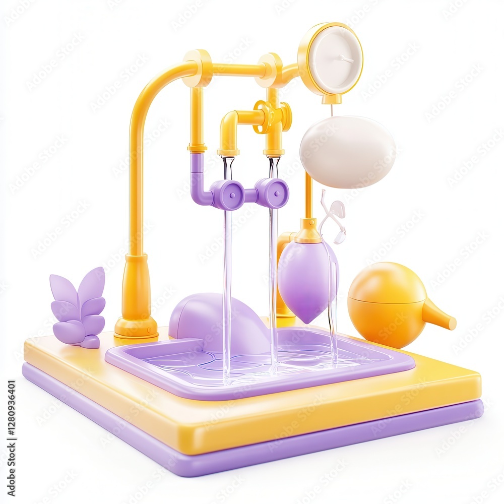 Poster a colorful 3d model of a whimsical water faucet setup with playful shapes and colors.