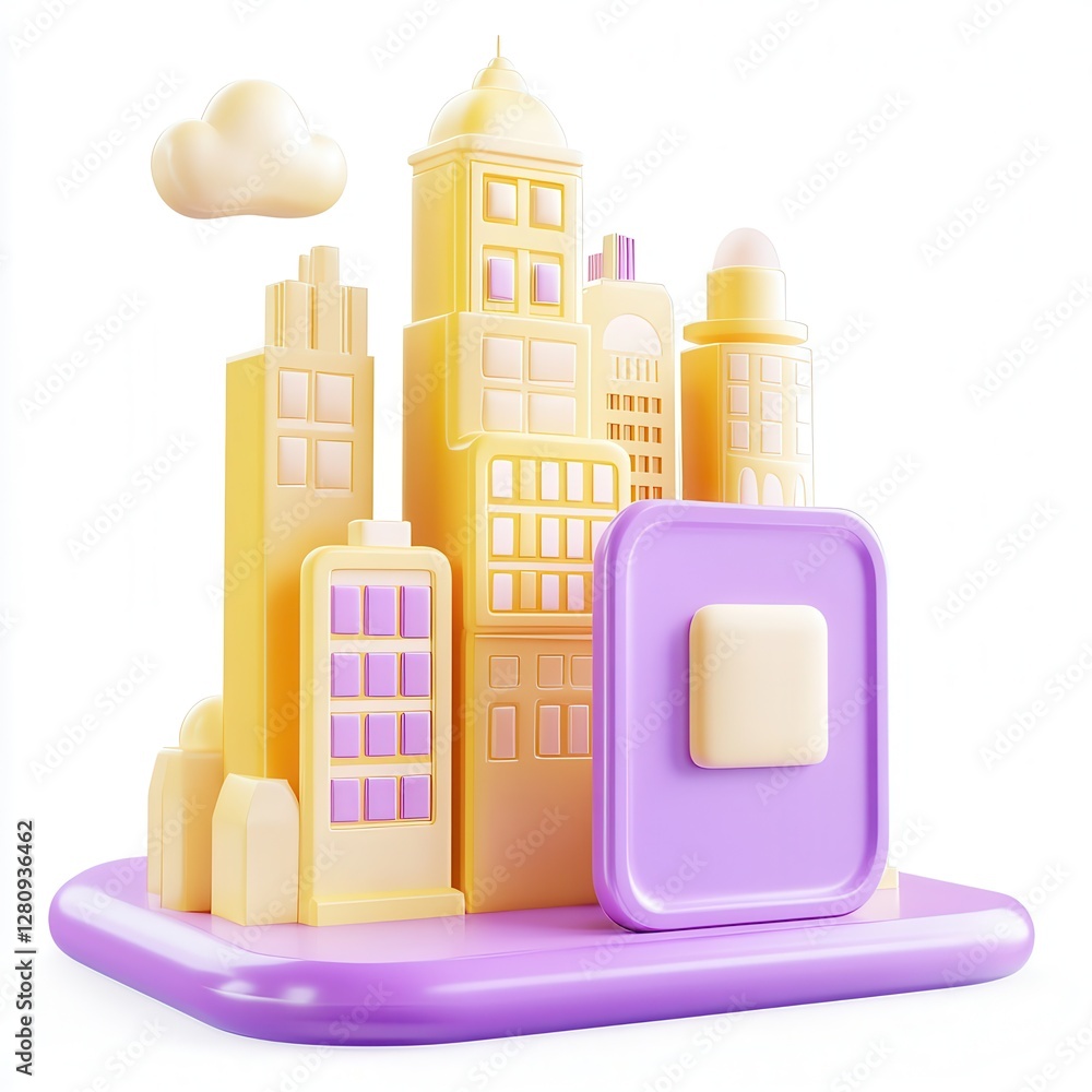 Poster a colorful 3d model of stylized buildings on a platform, featuring a soft pastel palette with playfu