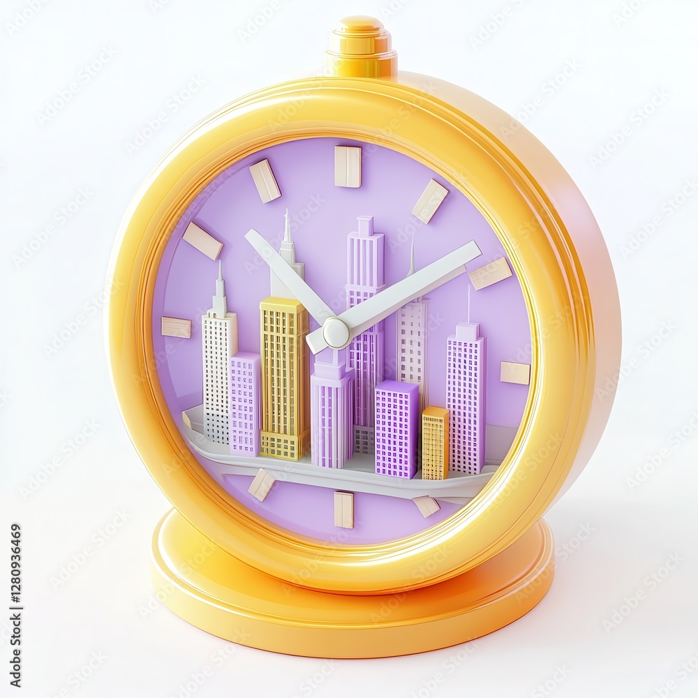 Poster a colorful clock with a cityscape design, blending urban architecture with timekeeping in a whimsica