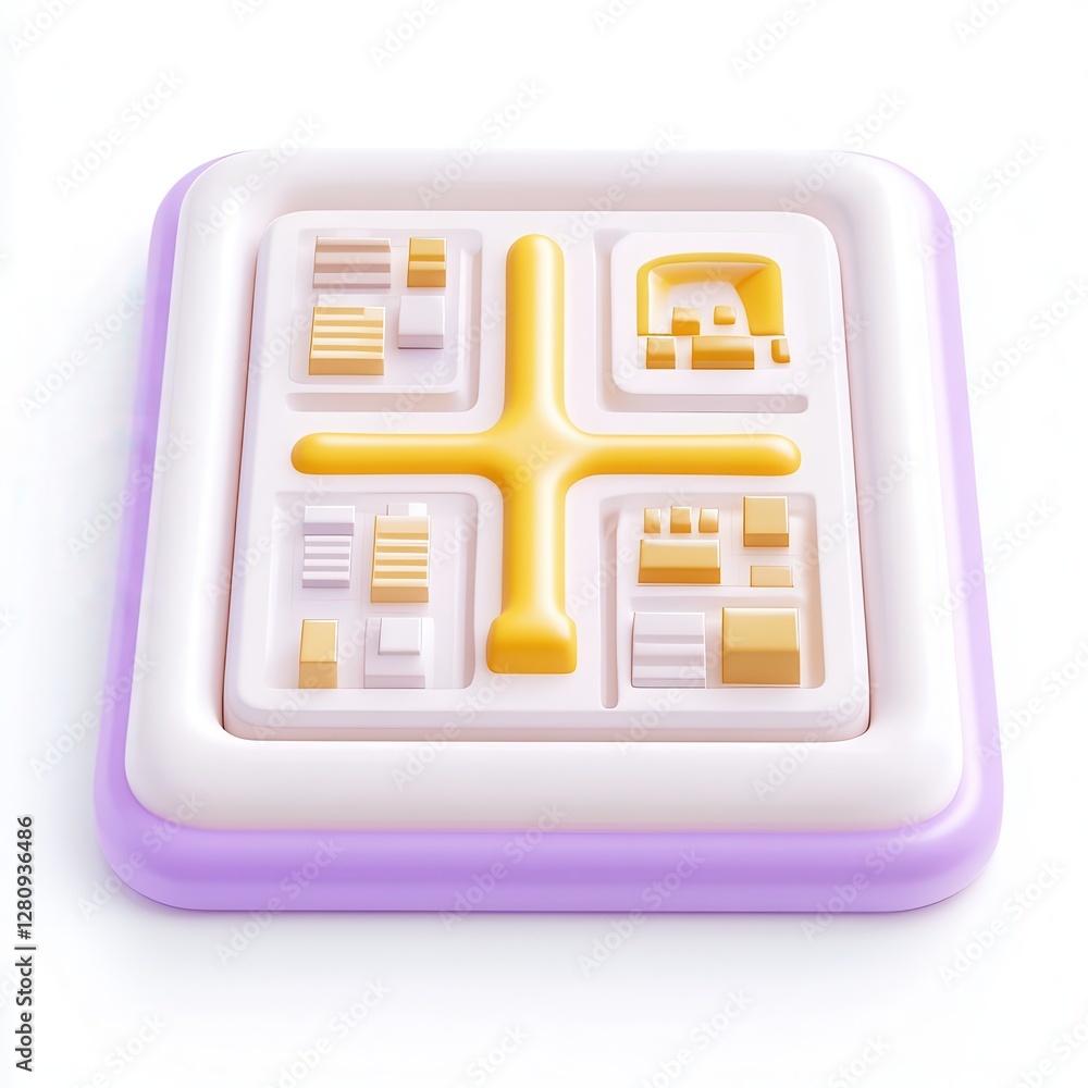 Poster a stylized 3d model showcasing a colorful arrangement of buildings and structures on a square base.