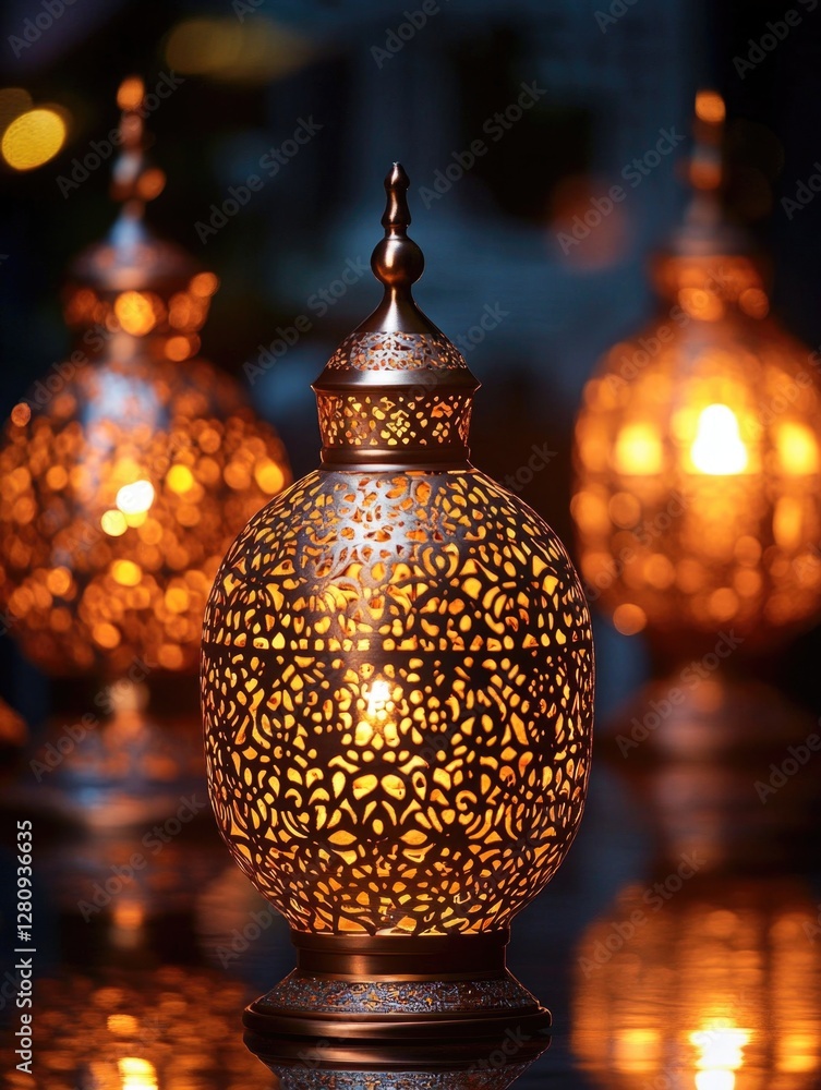 Poster handmade moroccan lantern with intricate patterns and gold accents, set against a dark backdrop to h