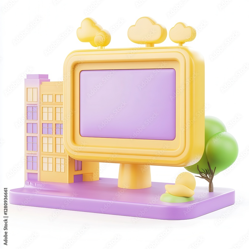 Aufkleber a colorful 3d model showcasing a building with a large billboard, trees, and clouds, designed in vib