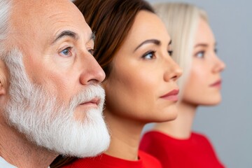 Fototapeta premium Faces of diverse individuals are visually separated by a barrier, highlighting themes of division and bias with vibrant contrasts Generative AI
