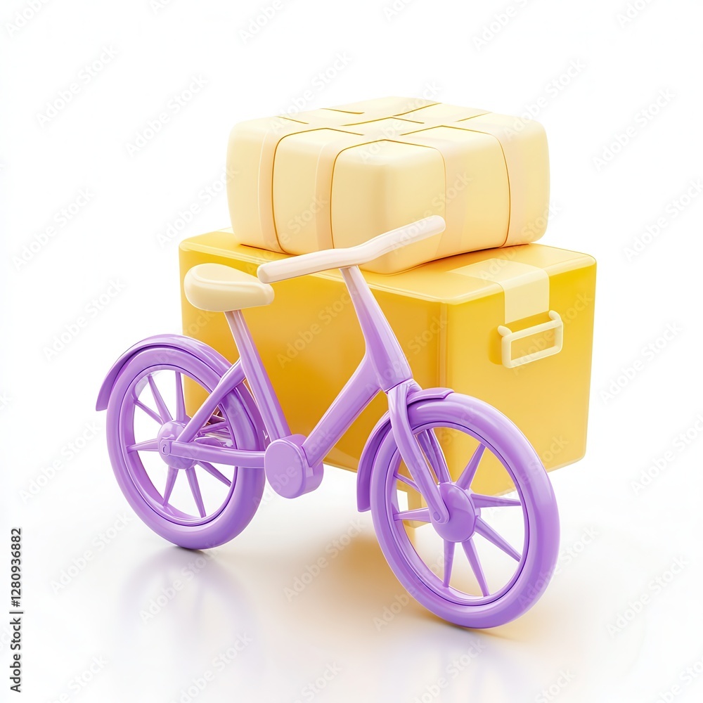 Poster a colorful 3d bicycle model next to a yellow package, showcasing a playful design with a vibrant aes
