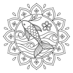 Obraz premium Koi Fish Mandala Coloring Page: Intricate Asian Art Design for Relaxation & Creativity, Detailed Floral Pattern, Printable Zen Art Therapy