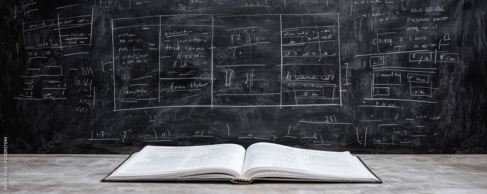 Aufkleber open textbook on desk against chalkboard with equations and diagrams