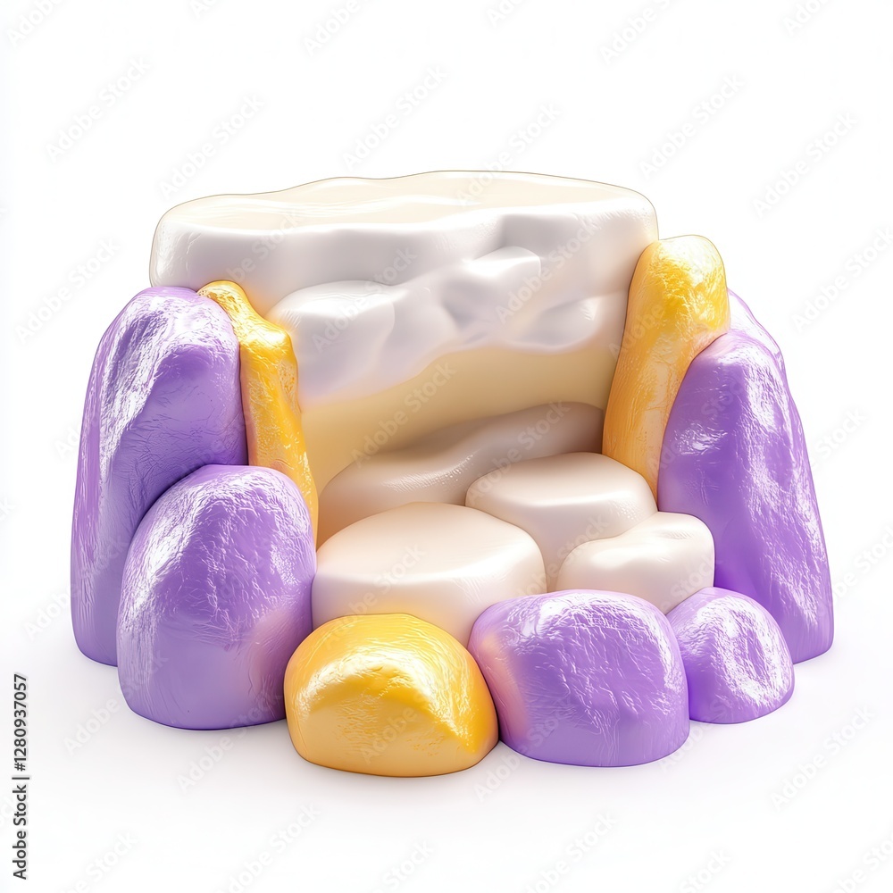 Poster a stylized 3d model of colorful rocks and formations, featuring soft textures and a contrasting pale