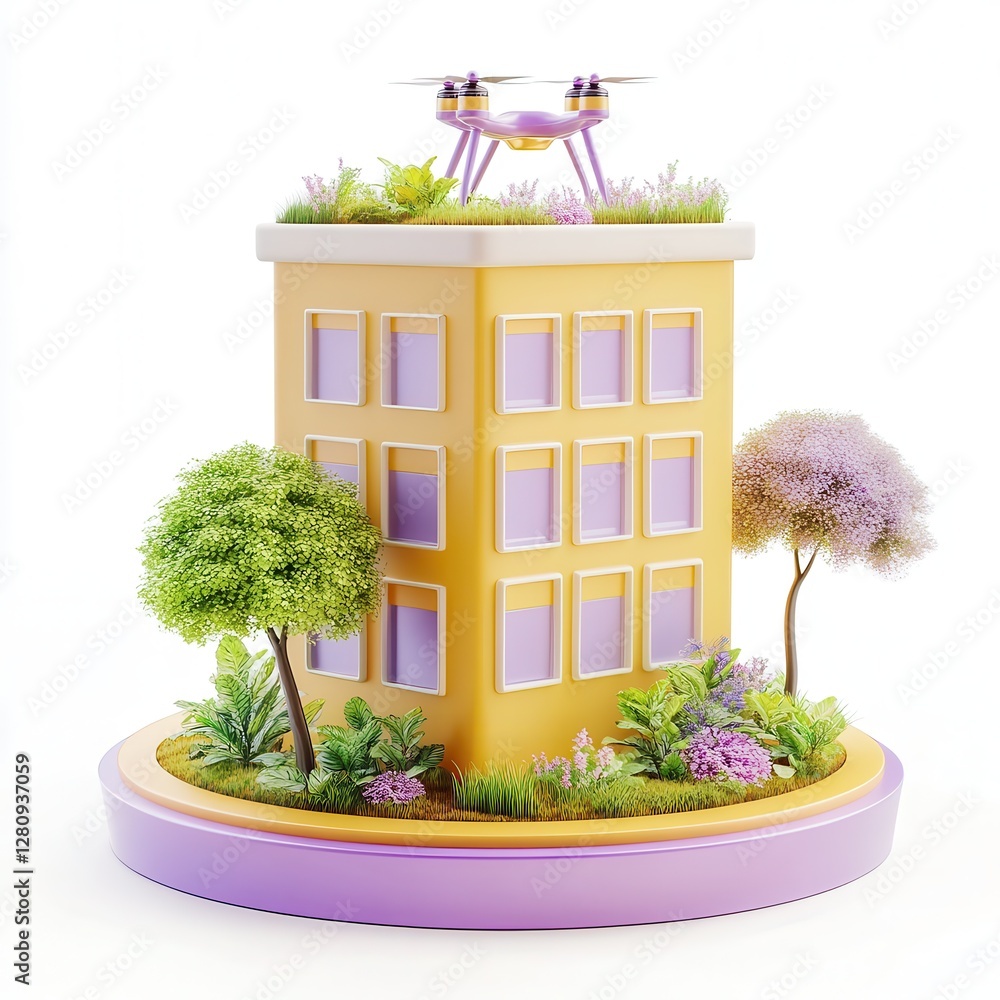 Poster a colorful 3d model of a futuristic building surrounded by plants and trees with a drone hovering ab
