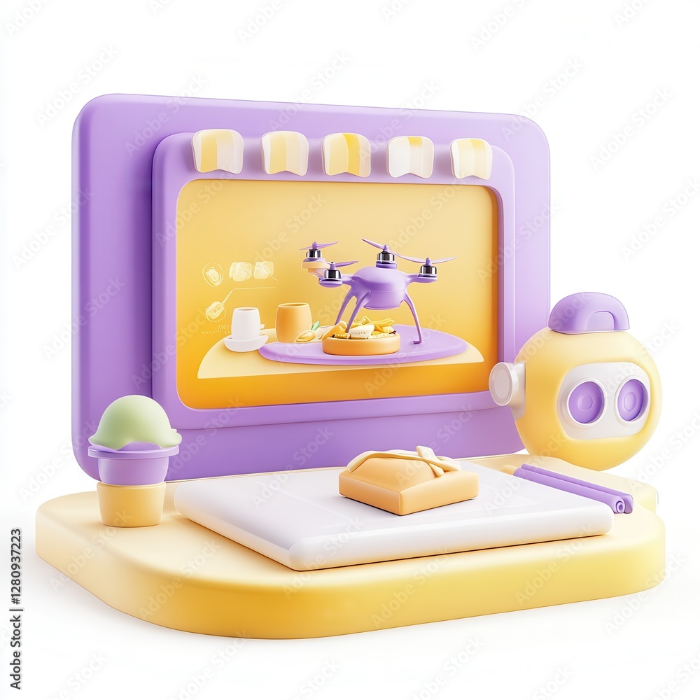 Poster a whimsical 3d render featuring a purple and yellow display with a drone presenting items like ice c