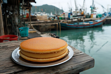 Obraz premium dorayaki with a distant ships as the background. 