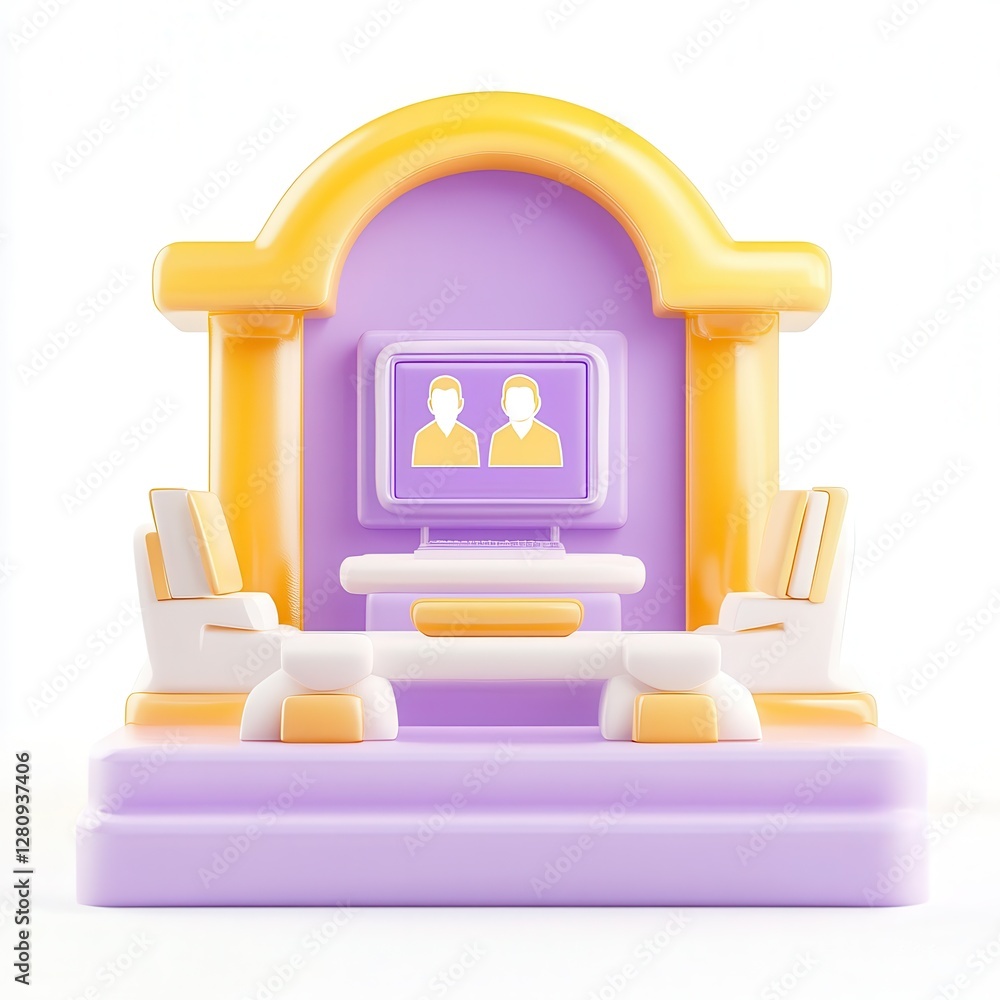 Poster a stylized 3d render of a modern workspace featuring a computer, chairs, and a colorful architectura