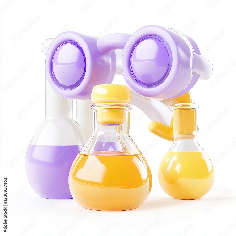 Poster a colorful set of laboratory glassware including flasks and a microscope, showcasing vibrant liquids