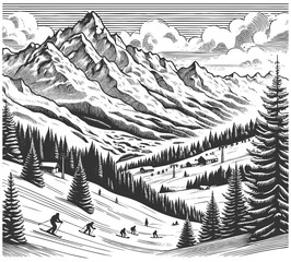 Fototapeta premium winter mountain landscape with skiers on snowy slopes, pine trees, ski lodges, towering alpine peaks sketch engraving generative ai vector illustration. Scratch board imitation. Black and white image