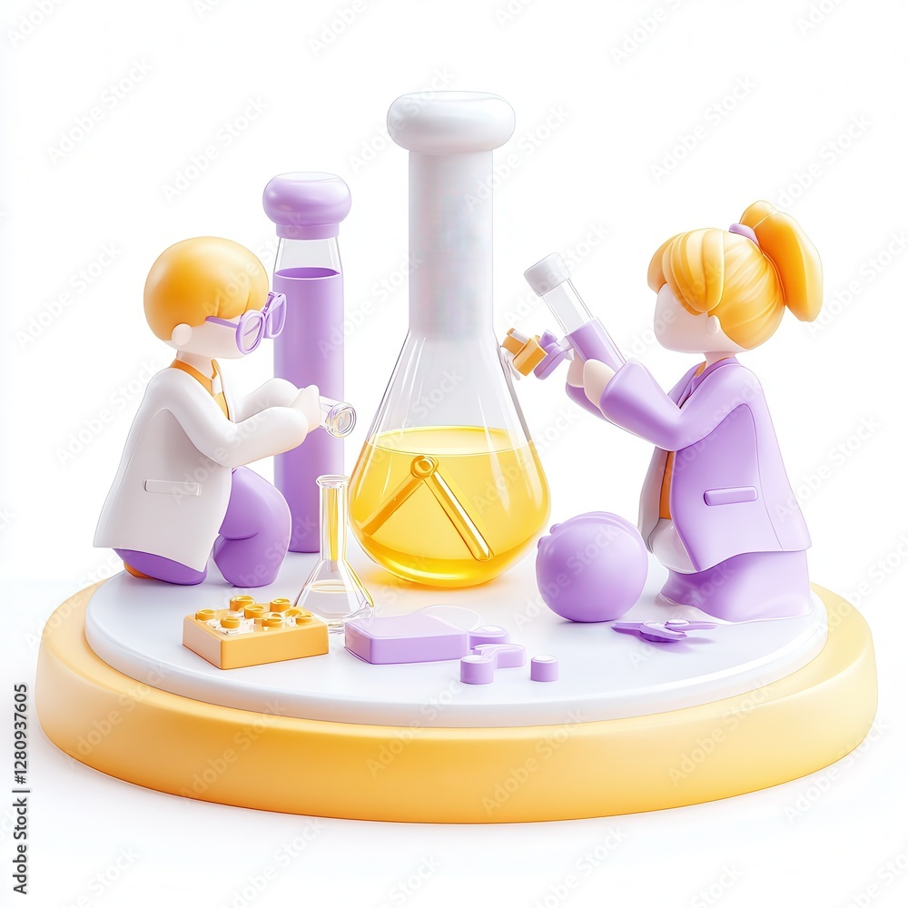 Poster two cartoon scientists working together in a lab, experimenting with colorful liquids in glassware o