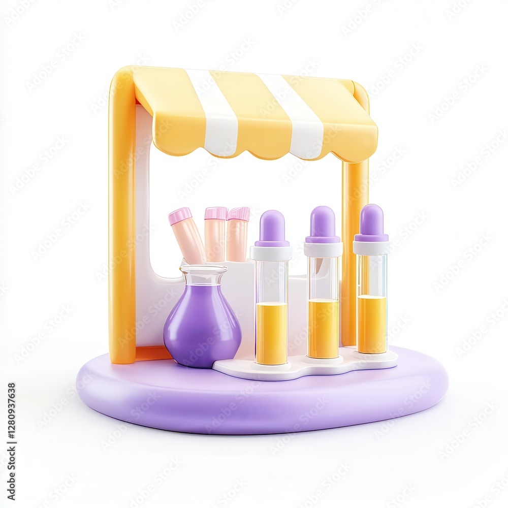 Poster a colorful 3d model of a small stall featuring test tubes and a flask, designed for a playful scienc
